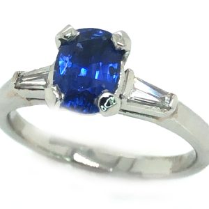 Cushion Ceylon Sapphire Diamond Baguette Platinum Ring 1.29 ctw