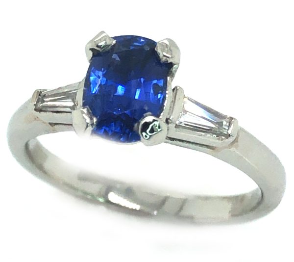 Cushion Ceylon Sapphire Diamond Baguette Platinum Ring 1.29 ctw