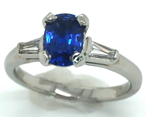 Cushion Ceylon Sapphire Diamond Baguette Platinum Ring 1.29 ctw - Image 7