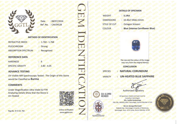 GGTL Certified Unheated Emerald Scissor Cut Burma Blue Sapphire 5.14 Carats 10.46x7.94x6.15mm - Image 3