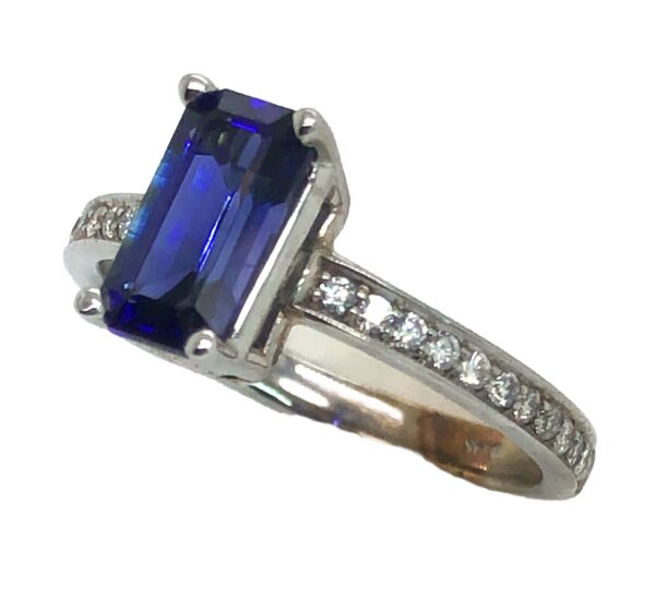 Emerald Cut Ceylon Sapphire (H)* Diamond Ring 14KWG 1.83 ctw - Image 5