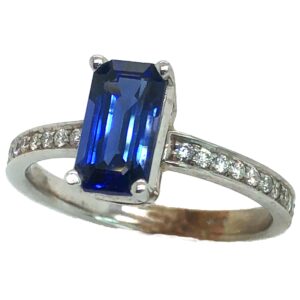 Emerald Cut Ceylon Sapphire (H)* Diamond Ring 14KWG 1.83 ctw