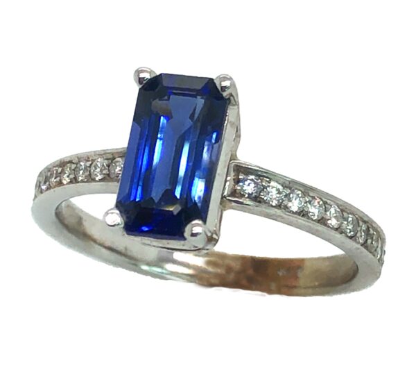 Emerald Cut Ceylon Sapphire (H)* Diamond Ring 14KWG 1.83 ctw