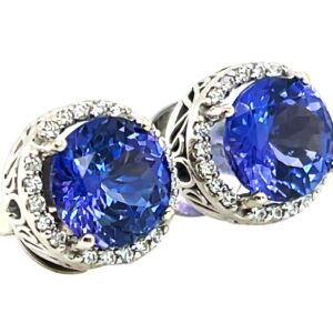 High Quality Tanzanite (H)* Diamond Halo Earrings 14KWG 4.36 ctw