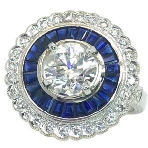 Large USA EGL Certified Diamond (N)* Sapphire (H)* Art Deco Ring 18KWG 3.00 ctw