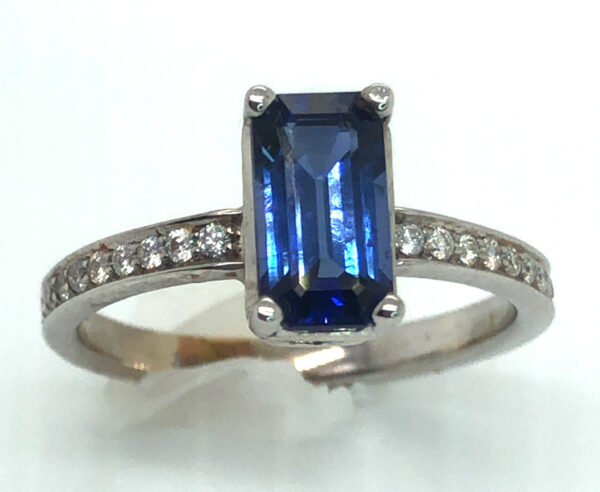 Emerald Cut Ceylon Sapphire (H)* Diamond Ring 14KWG 1.83 ctw - Image 4