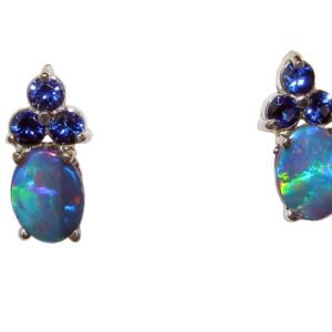 Colorful Opal Doublet Ceylon Sapphire Earrings 14KWG