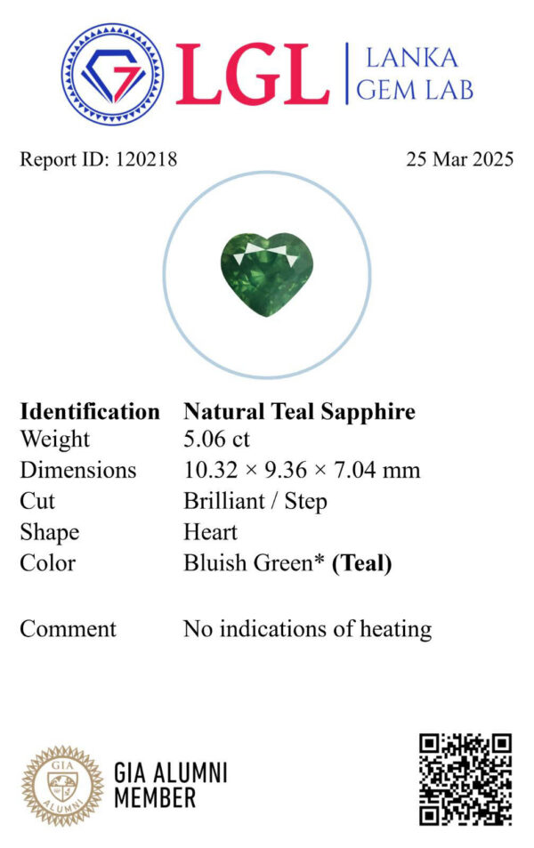 Certified Unheated Sri Lanka Heart Cut Teal Green Sapphire 5.06 cts - Image 6