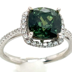 AAA+ Rated Cushion Green Sapphire (H)* Diamond Halo Ring 14KWG 3.91 ct