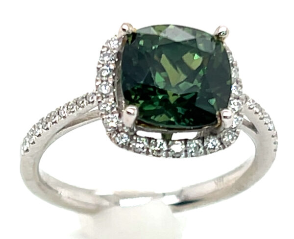 AAA+ Rated Cushion Green Sapphire (H)* Diamond Halo Ring 14KWG 3.91 ct