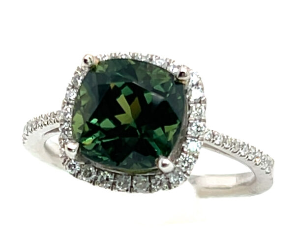 AAA+ Rated Cushion Green Sapphire (H)* Diamond Halo Ring 14KWG 3.91 ct - Image 5