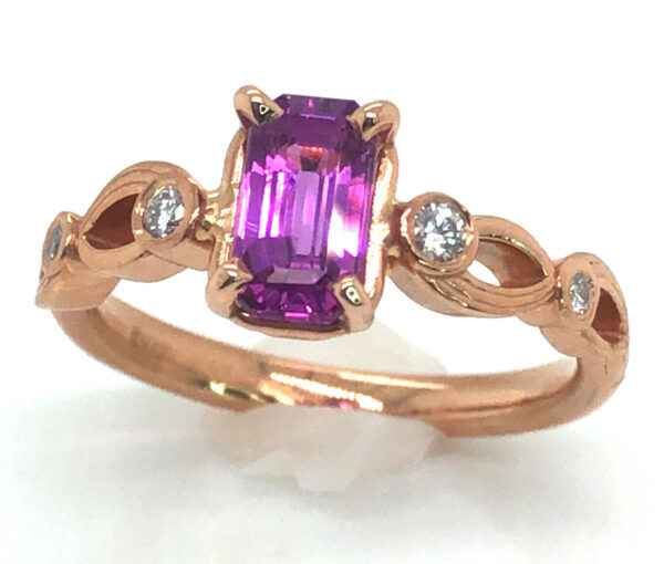 AAA+ Emerald Cut Ceylon Pink Sapphire (H)* Diamond 14K Rose Gold Ring 1.41 ctw