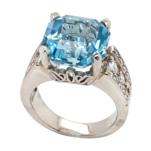 Large Specialty Asscher Cut Aquamarine (H)* Princess Diamond Ring 14KWG 9.03 ctw