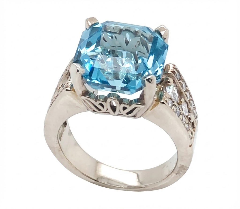 Large Specialty Asscher Cut Aquamarine (H)* Princess Diamond Ring 14KWG 9.03 ctw