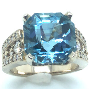 Large Specialty Asscher Cut Aquamarine (H)* Princess Diamond Ring 14KWG 9.03 ctw