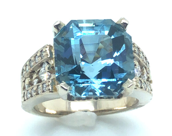 Large Specialty Asscher Cut Aquamarine (H)* Princess Diamond Ring 14KWG 9.03 ctw