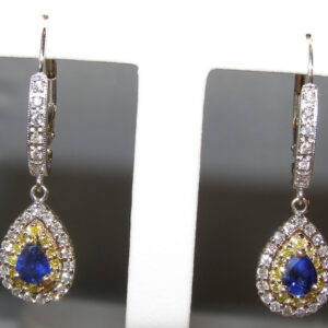 Pear-Cut Ceylon Blue Sapphires with Yellow & White Diamonds – Elegant 14KTT Dangle Earrings