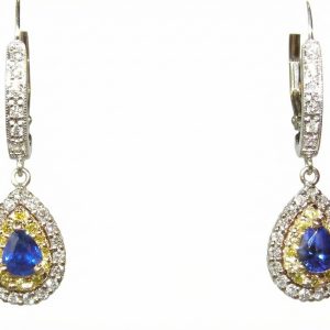 Pear-Cut Ceylon Blue Sapphires with Yellow & White Diamonds – Elegant 14KTT Dangle Earrings