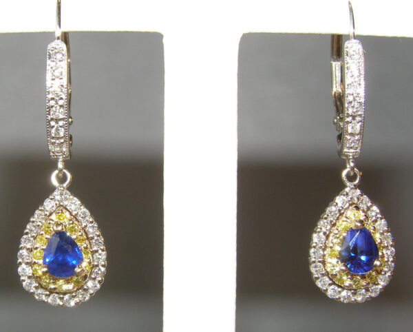 Pear-Cut Ceylon Blue Sapphires with Yellow & White Diamonds – Elegant 14KTT Dangle Earrings - Image 3