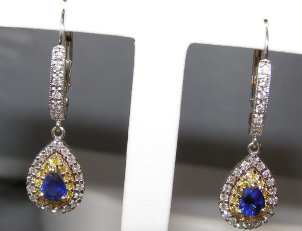 Pear-Cut Ceylon Blue Sapphires with Yellow & White Diamonds – Elegant 14KTT Dangle Earrings - Image 4