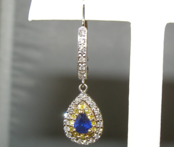 Pear-Cut Ceylon Blue Sapphires with Yellow & White Diamonds – Elegant 14KTT Dangle Earrings - Image 5