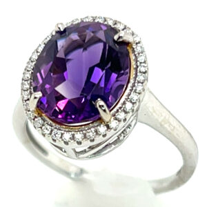 Large Oval Amethyst (H)* Diamond Halo Ring 14KWG 3.64 ctw