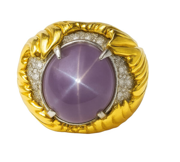 Exquisite GIA Certified 18kt Yellow Gold Ring with Rare 22ct Untreated Color-Change Star Sapphire & Vintage Diamonds - Image 12