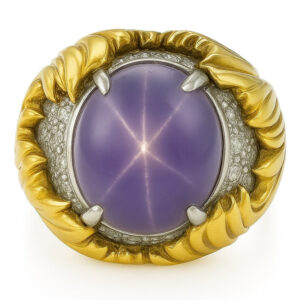 Exquisite GIA Certified 18kt Yellow Gold Ring with Rare 22ct Untreated Color-Change Star Sapphire & Vintage Diamonds