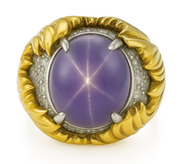 Exquisite GIA Certified 18kt Yellow Gold Ring with Rare 22ct Untreated Color-Change Star Sapphire & Vintage Diamonds