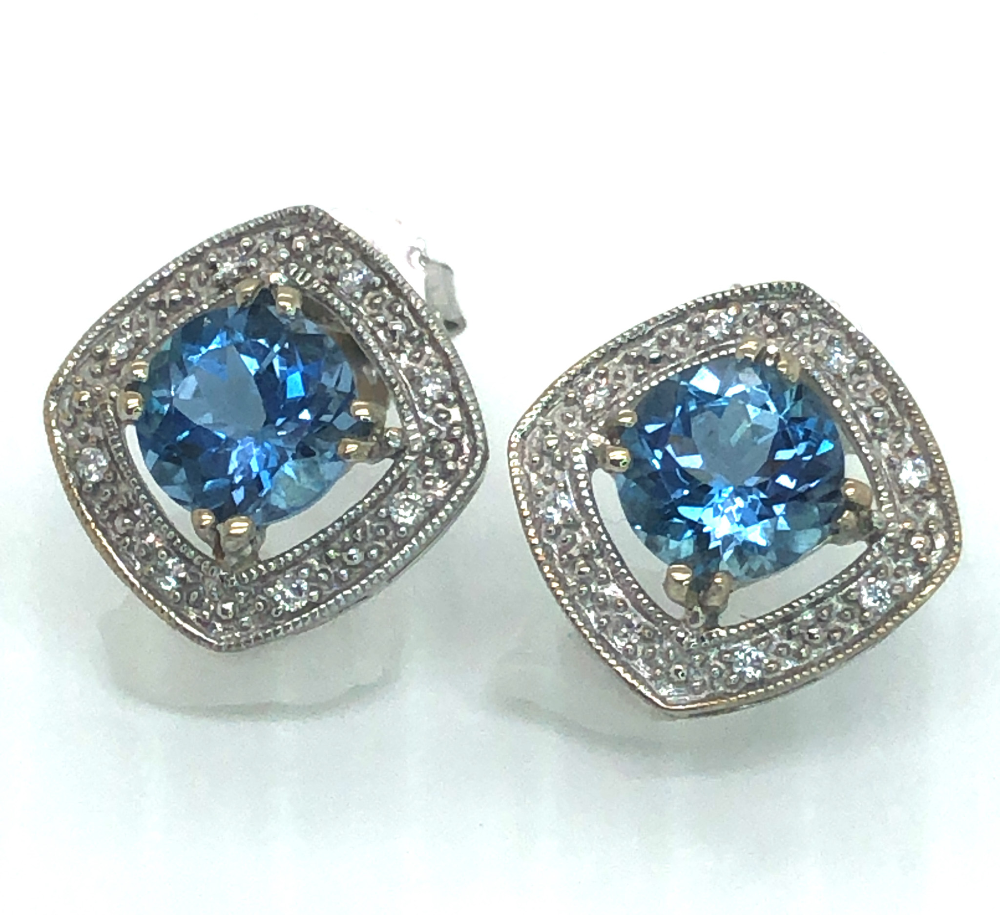 Milgrain Diamond Halo Aquamarine (H)* Studs 14KWG 2.01 ctw NEW ITEM - Image 3