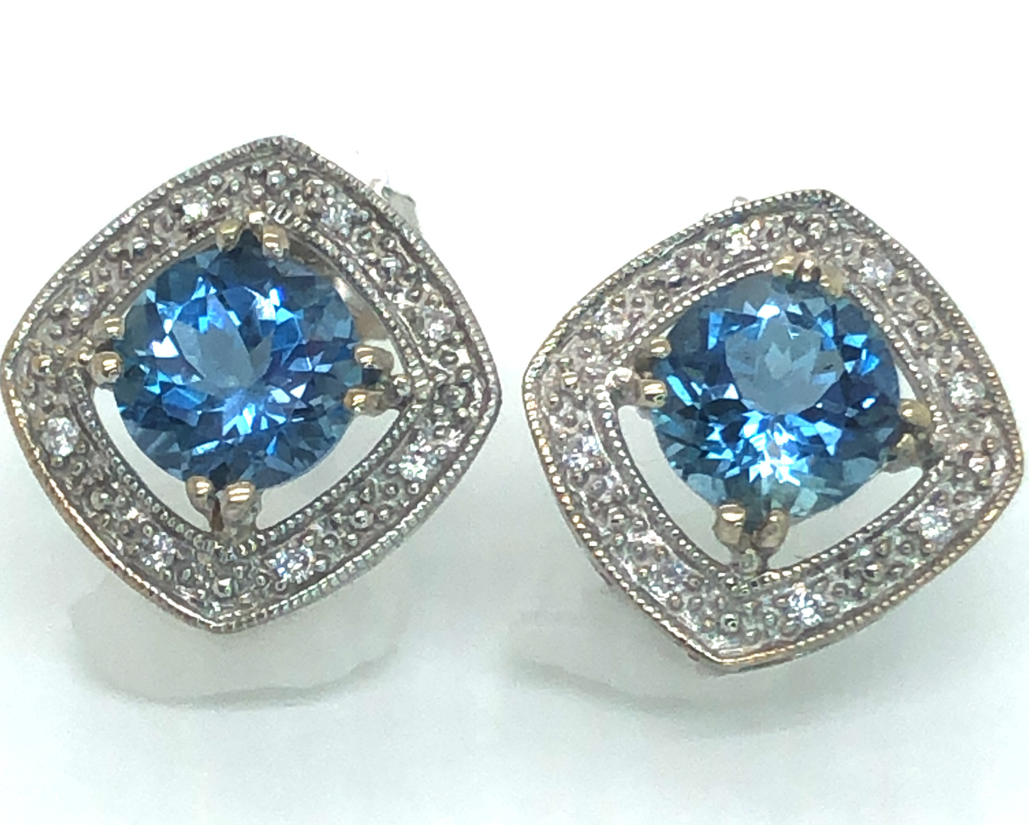 Milgrain Diamond Halo Aquamarine (H)* Studs 14KWG 2.01 ctw NEW ITEM - Image 4
