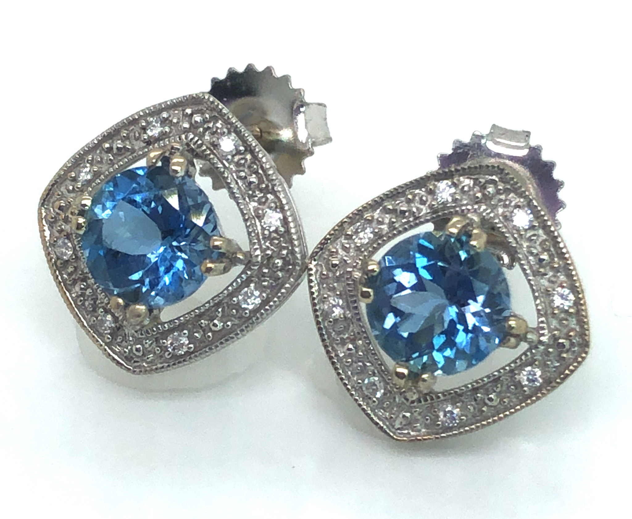Milgrain Diamond Halo Aquamarine (H)* Studs 14KWG 2.01 ctw NEW ITEM - Image 6