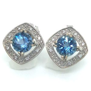 Milgrain Diamond Halo Aquamarine (H)* Studs 14KWG 2.01 ctw NEW ITEM