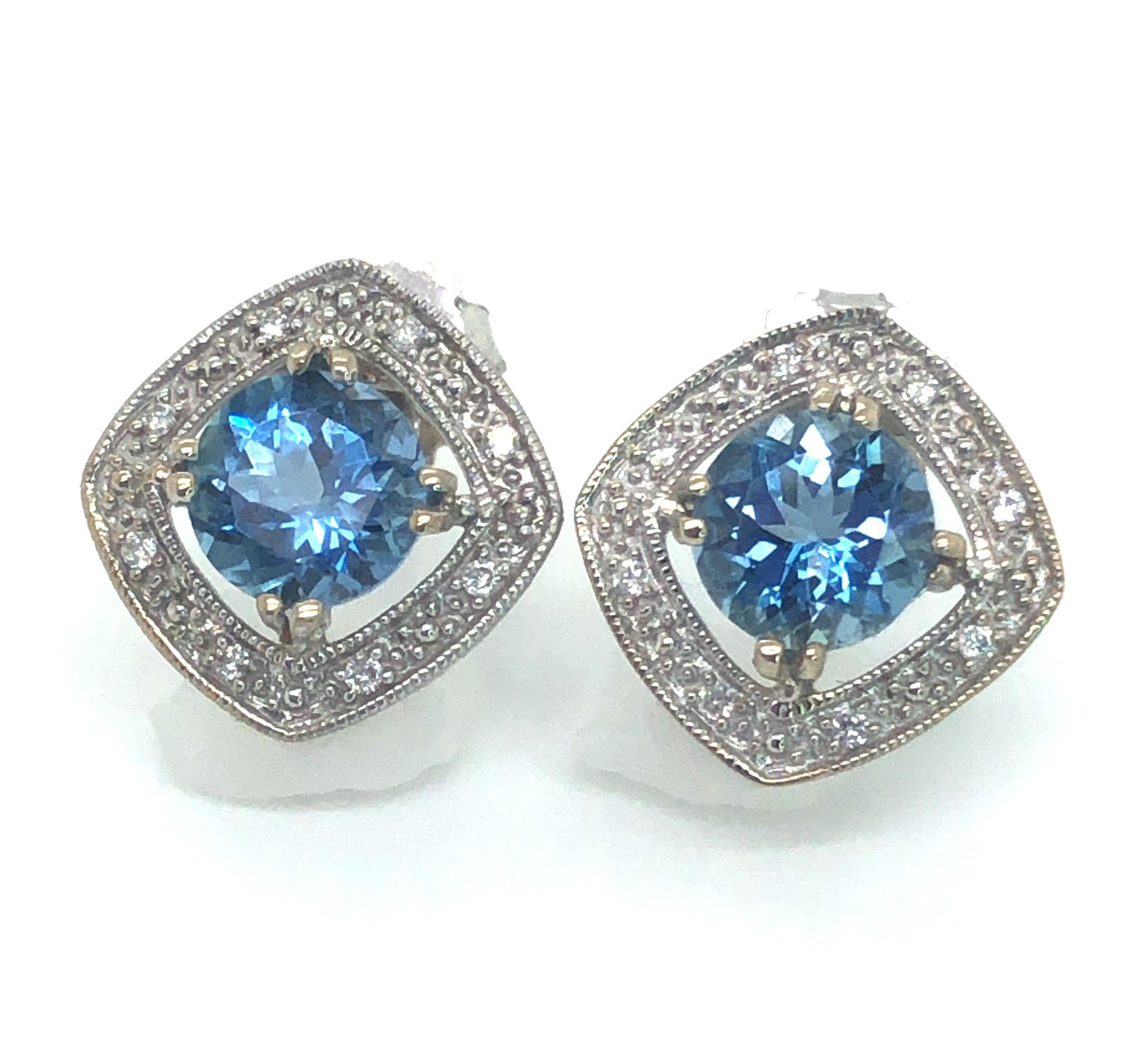 Milgrain Diamond Halo Aquamarine (H)* Studs 14KWG 2.01 ctw NEW ITEM