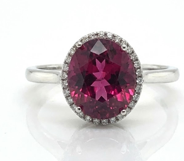 Rich Raspberry Rhodolite (N)* Diamond Halo Ring 4.55 ctw NEW ITEM