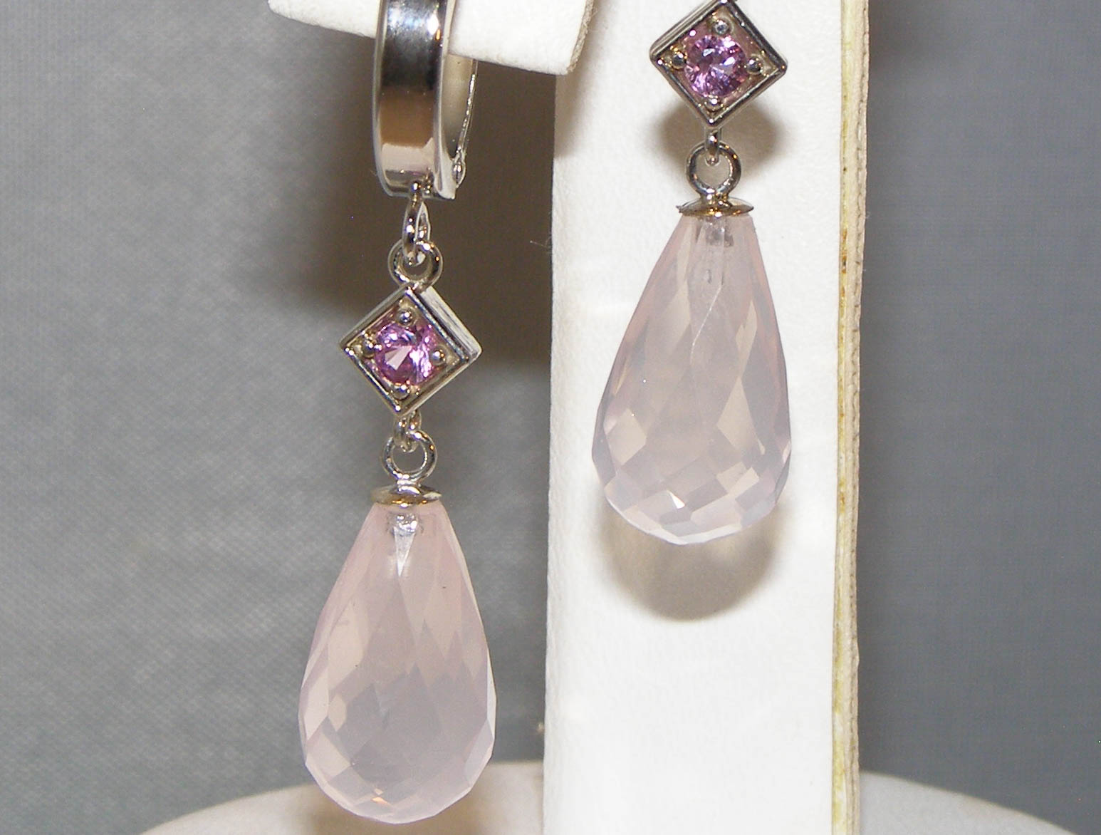Dangle Rose Quartz Briolette Pink Sapphire (H)* Earrings 14KWG 10.95 ctw NEW ITEM - Image 3