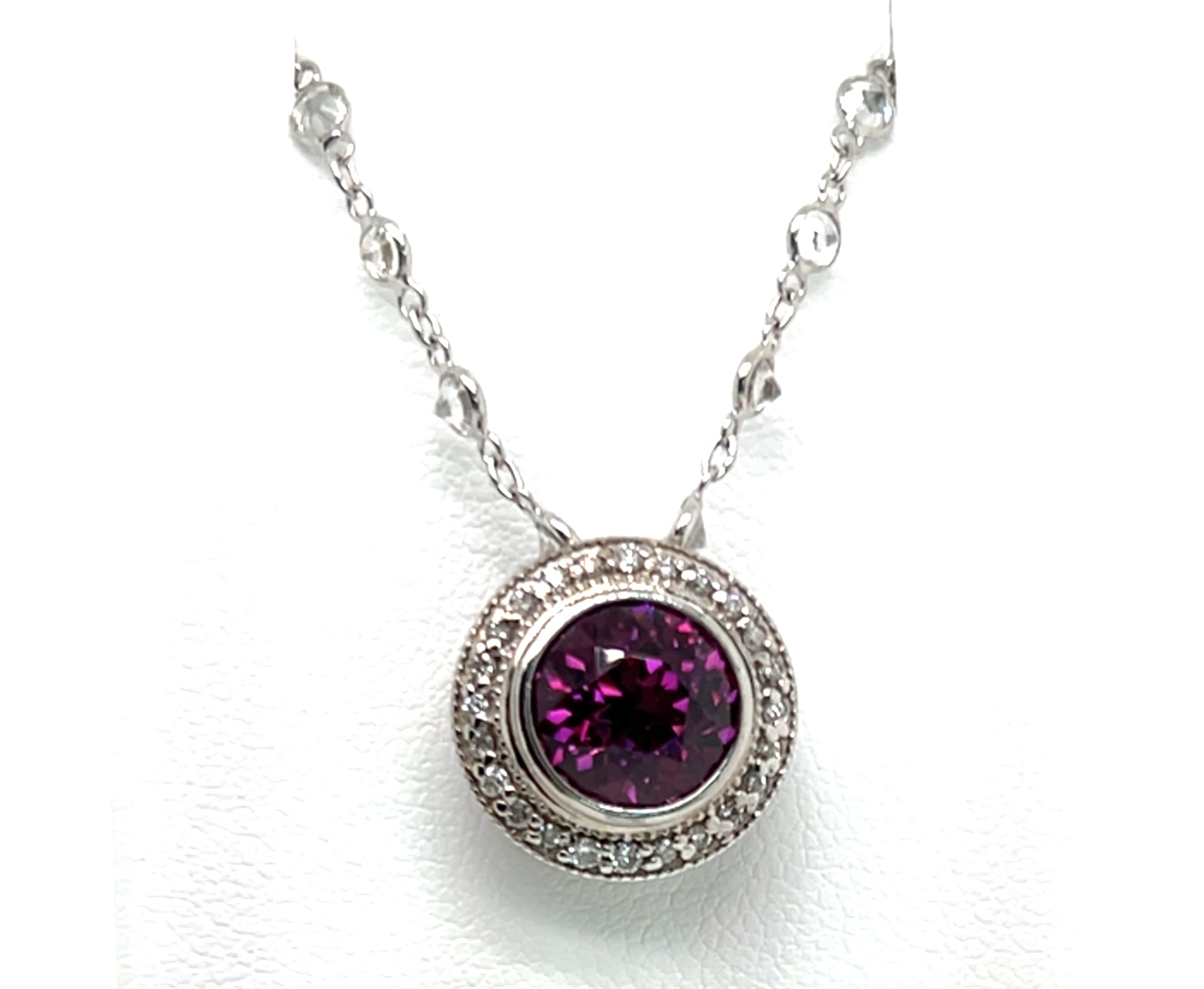 TOP Quality Madagascan Round Brilliant Rhodolite (N)* Diamond Halo & White Sapphire By the Yard Necklace 18KWG 8.53 ctw NEW ITEM - Image 2