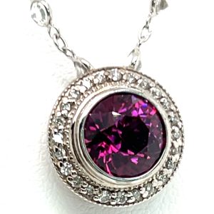 TOP Quality Madagascan Round Brilliant Rhodolite (N)* Diamond Halo & White Sapphire By the Yard Necklace 18KWG 8.53 ctw NEW ITEM