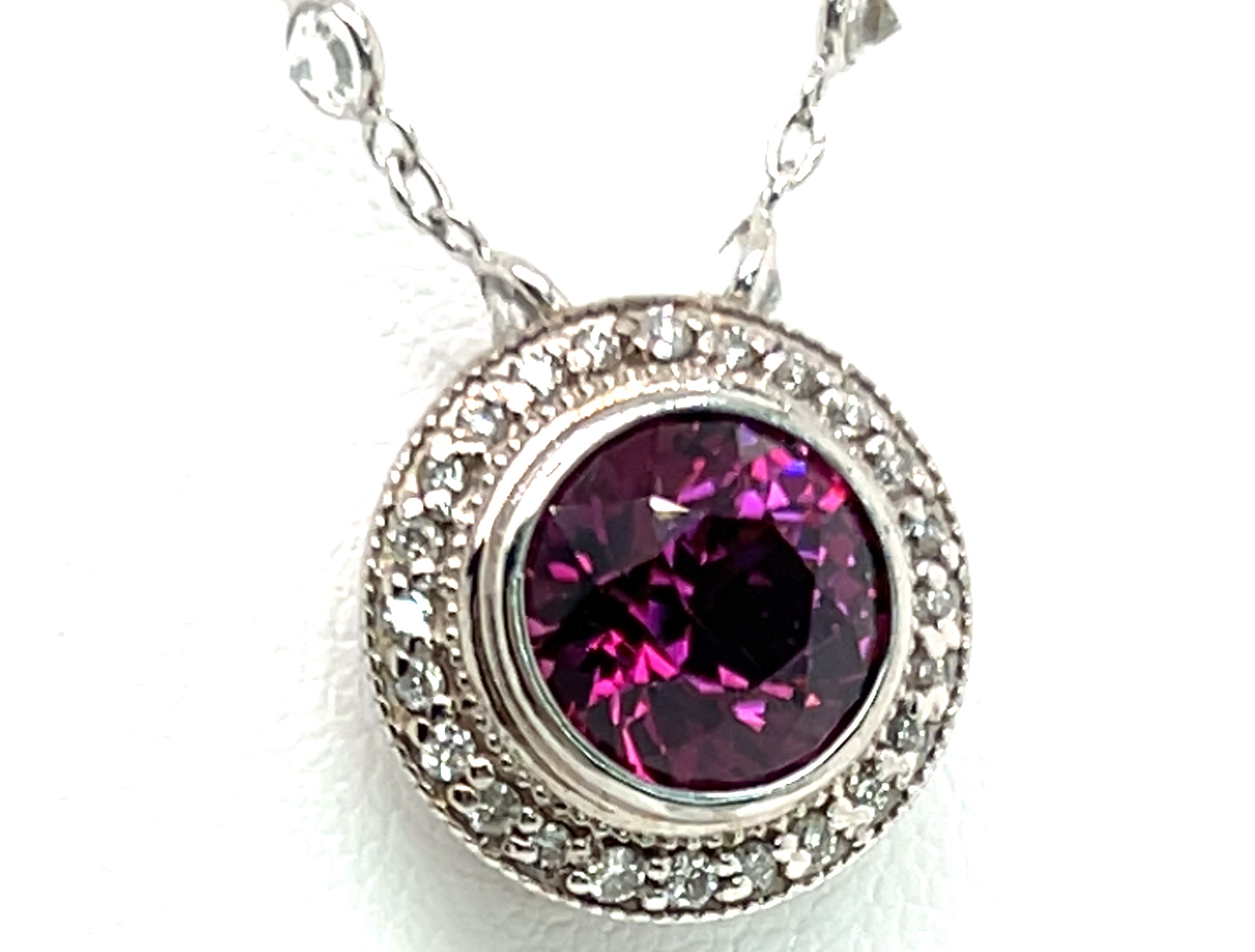 TOP Quality Madagascan Round Brilliant Rhodolite (N)* Diamond Halo & White Sapphire By the Yard Necklace 18KWG 8.53 ctw NEW ITEM - Image 3