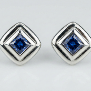 Elegant BezelPrincess TOP Blue Sapphire (H)* Studs 14KWG 0.50ctw