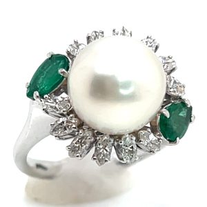 Elegant Pearl (N)* Diamond Halo Emerald Ring 9.7 mm Pearl 18KWG 1.00 ctw NEW ITEM
