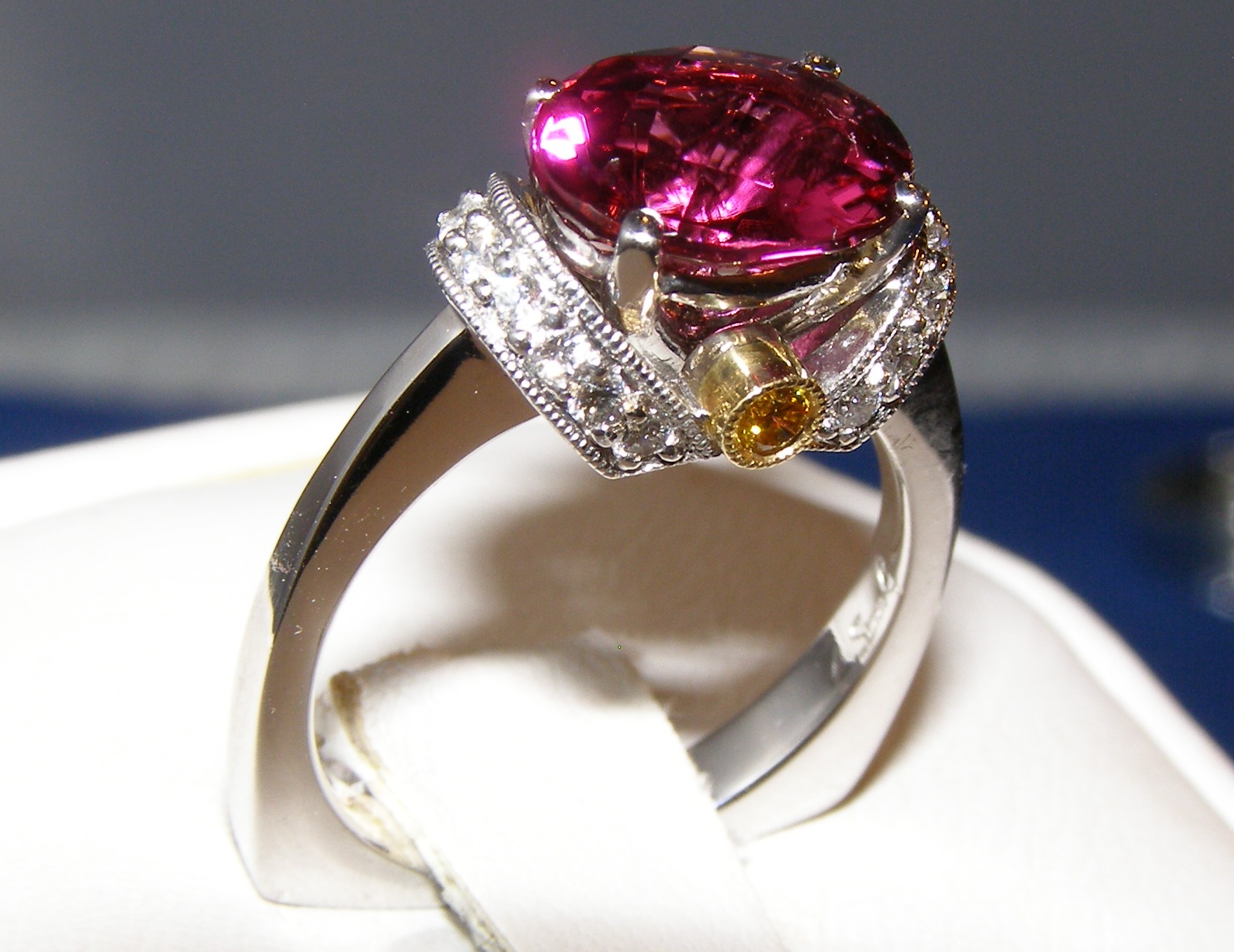 Simon G. Designer Rubellite Yellow & White Diamond Ring 18KWG 3.06 ctw