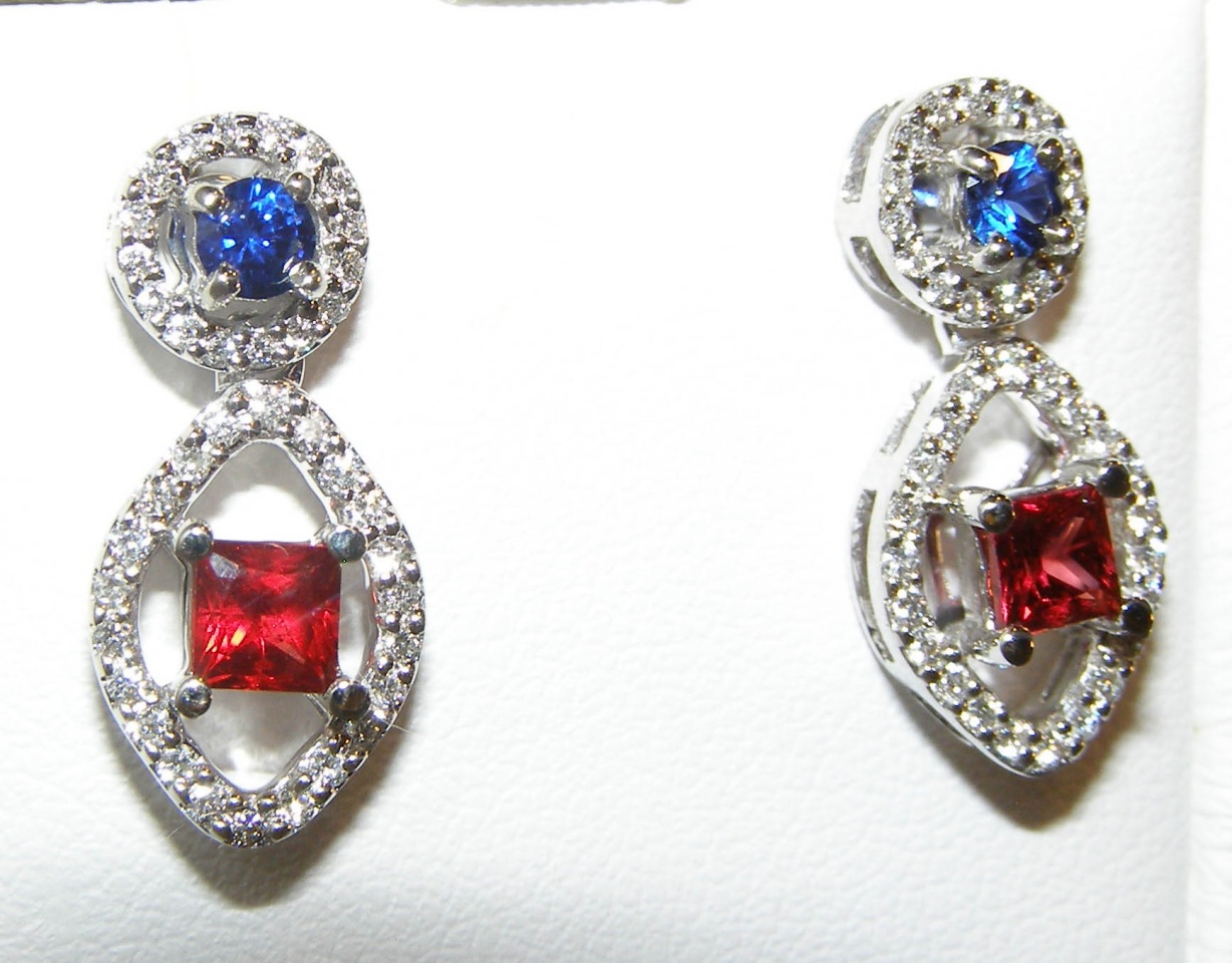 RED (Ruby) & Blue Sapphire Diamond Dangles 14KWG 1.65 ctw