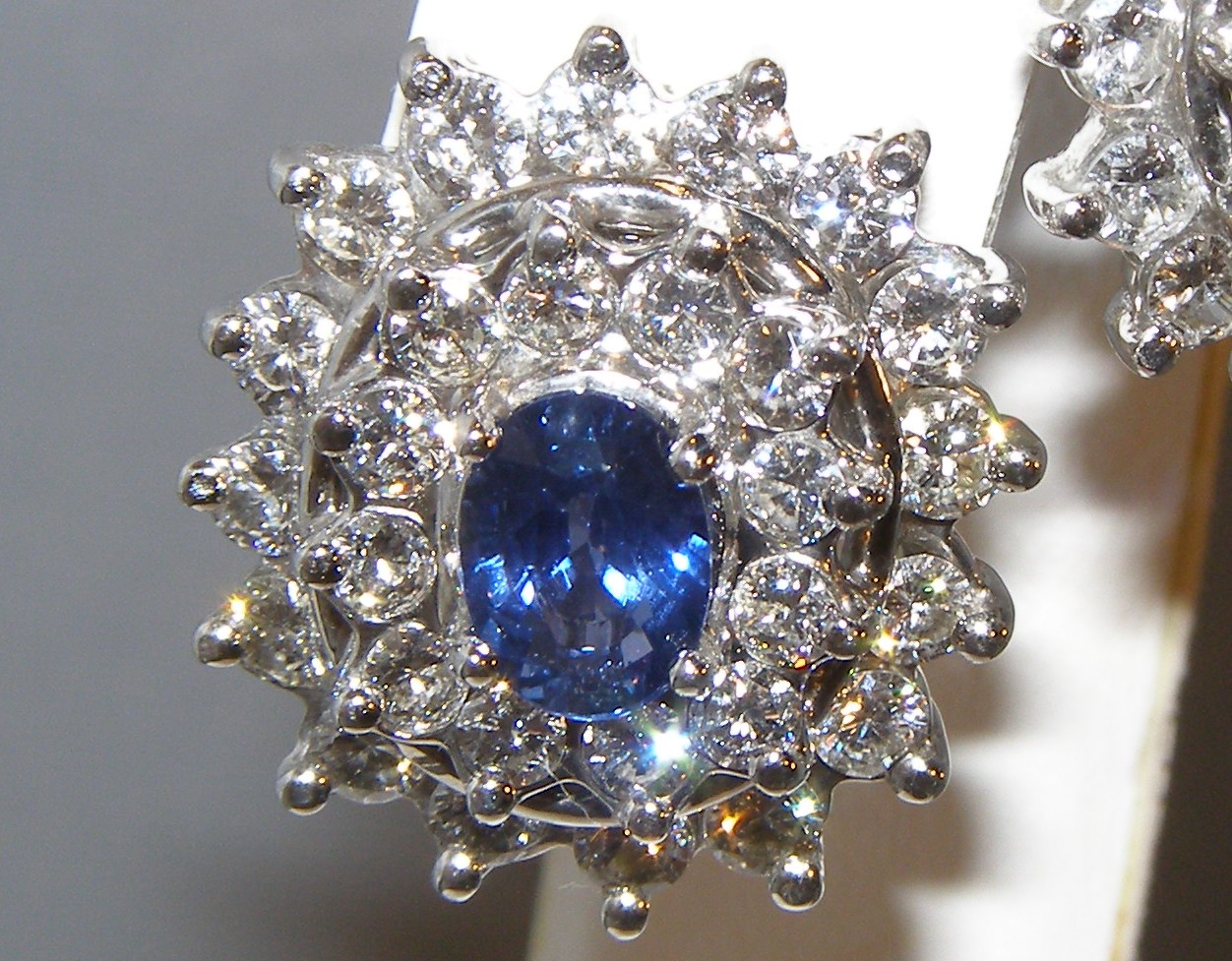 Lady Diana Ceylon Sapphire Diamond Earrings 14KWG 5.20 ctw Simply