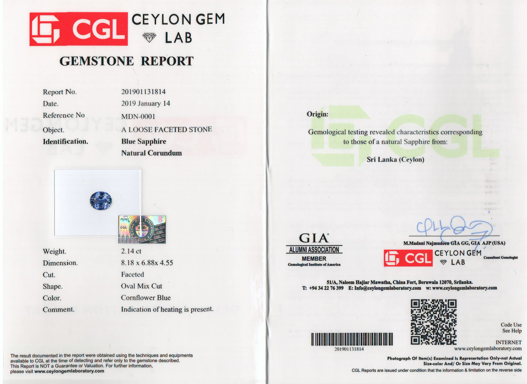 CGL Certified Blue Oval Sapphire 2.14 Carats 8.18x6.88x4.55mm