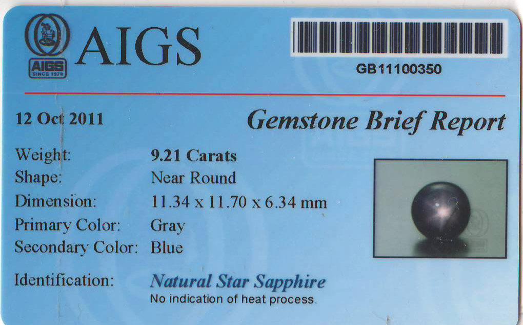 AIGS Certified Gray Blue Star Sapphire 9.21 Carats 11.7x11.34x6.34mm