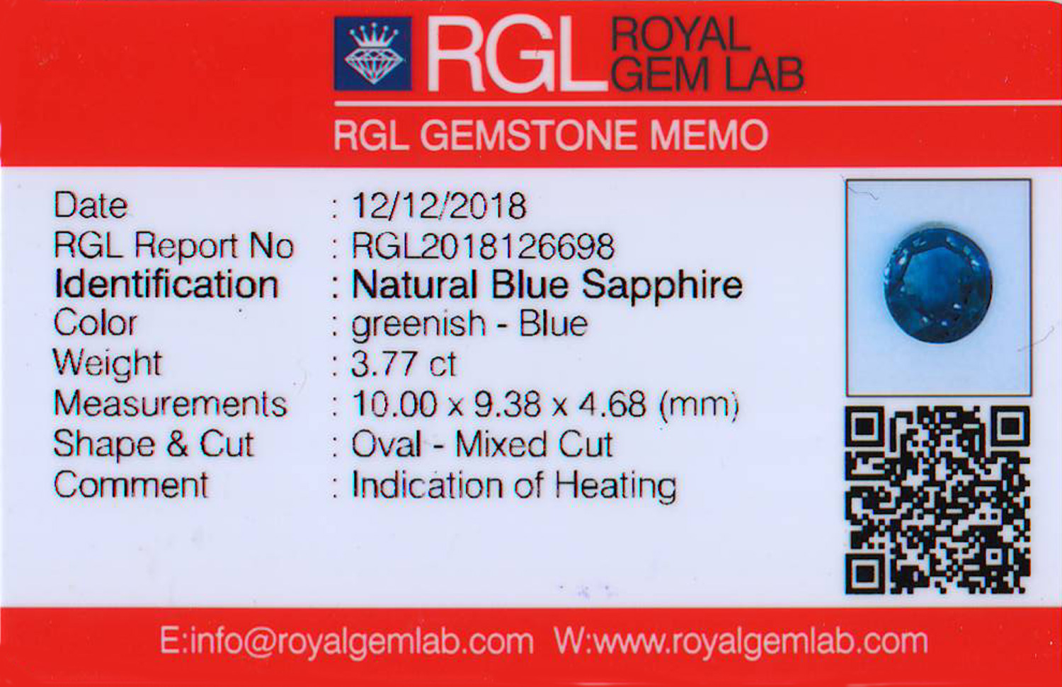 RGL Certified Teal Blue Oval Sapphire 3.77 Carats 10.0x9.3x4.6mm