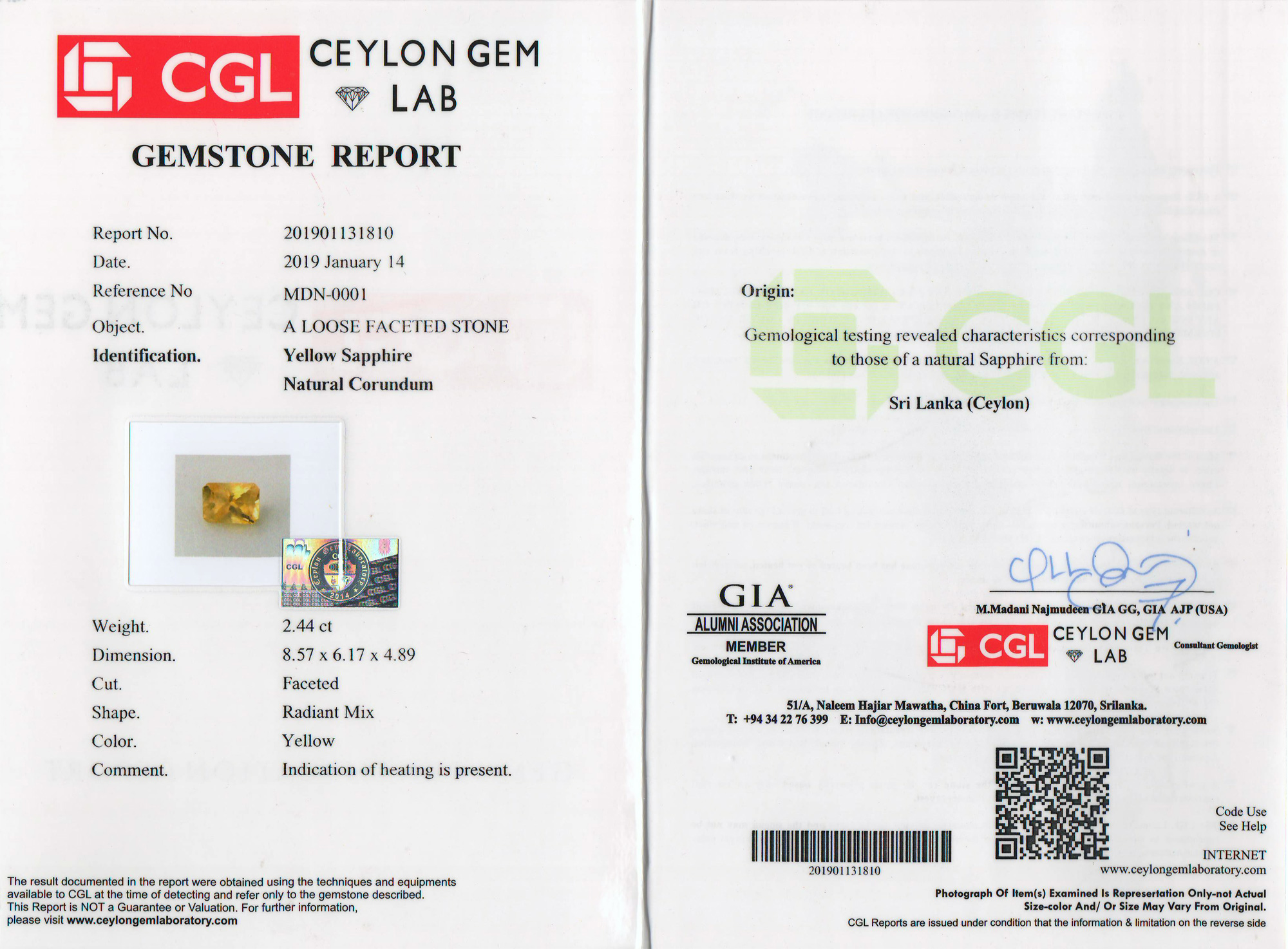 CGL Cerified Yellow Emerald Cut Sapphire 2.44 Carats 8.57x6.17x4.89mm